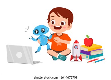 happy cute little kid boy play computer and robot