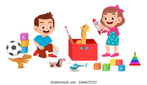 happy cute little kid boy and girl playing with toys