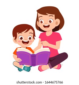 happy cute little kid boy read book with mom