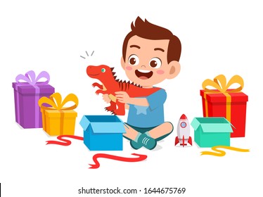 Happy Cute Little Kid Boy Open Gift From Birthday