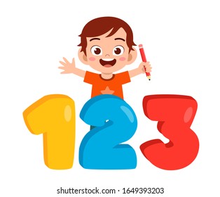 happy cute little kid boy with number