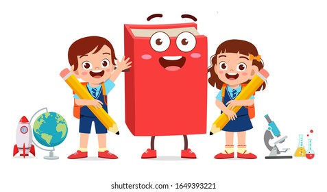 happy cute little kid boy and girl with book mascot