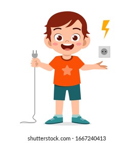 happy cute little kid boy explain about electricity