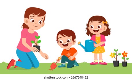 Happy Cute Little Kid Boy And Girl Plant Flower With Mom