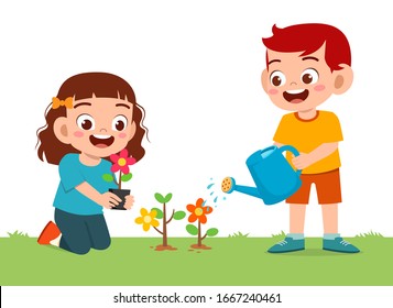 happy cute little kid boy and girl plant flower