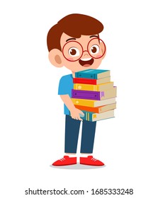 Happy Cute Little Kid Boy Carry Pile Of Books