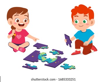 happy cute little kid boy and girl play jigsaw puzzle