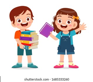 Happy Cute Little Kid Boy And Girl Carry Pile Of Books