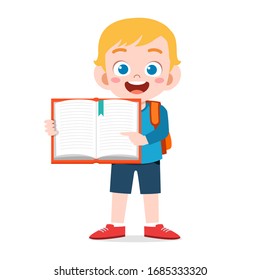 happy cute little kid boy carry blank book