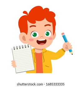 happy cute little kid boy hold notebook and pencil