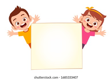 happy cute little kid boy and girl with blank banner