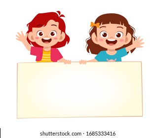 happy cute little kid boy and girl with blank banner