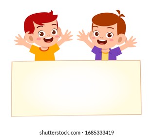 happy cute little kid boy and girl with blank banner