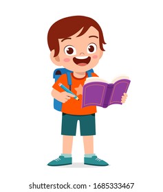 happy cute little kid boy read book