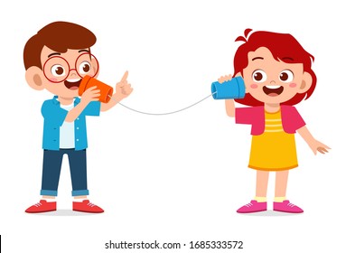 happy cute little kid boy and girl play toy phone