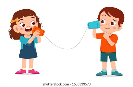 Happy Cute Little Kid Boy And Girl Play Toy Phone