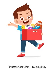 happy cute little kid boy carry box of toys