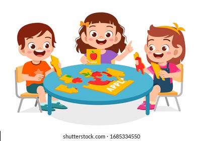 happy cute little kid boy and girl play jigsaw puzzle