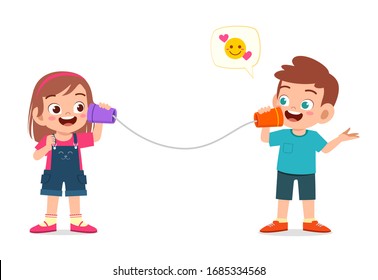 happy cute little kid boy and girl play toy phone