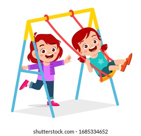 happy cute little kid boy and girl play swing