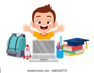 happy cute little kid boy with school equipment