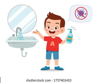 happy cute little kid boy wash hand in sink