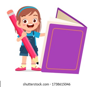 happy cute little kid boy with book and pencil