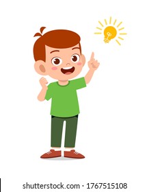 happy cute little kid boy with idea lamp sign