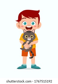 happy cute little kid boy play with pet cat