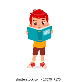 happy cute little kid boy girl read study learn story book school