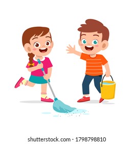 happy cute little kid boy and girl do chores cleaning floor