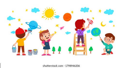 happy cute little kid boy and girl draw with paint on wall together