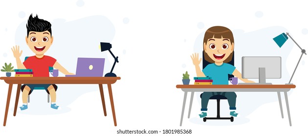 Happy cute little kid boy and girl in a desk with laptop and desktop saying hi