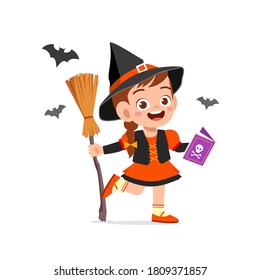 happy cute little kid boy and girl celebrate Halloween wears witch costume