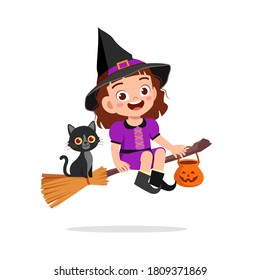 happy cute little kid boy and girl celebrate Halloween wears witch costume