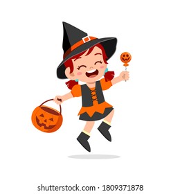 happy cute little kid boy and girl celebrate Halloween wears witch costume