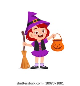 Happy Cute Little Kid Boy And Girl Celebrate Halloween Wears Witch Costume