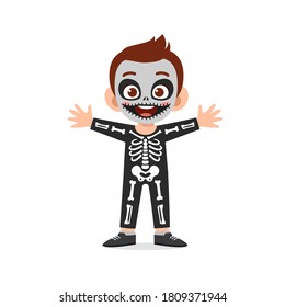 happy cute little kid boy and girl celebrate Halloween wears skeleton costume