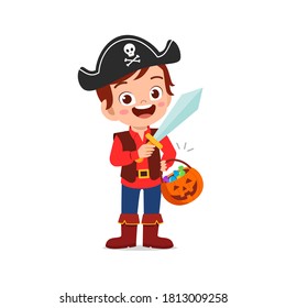 happy cute little kid boy and girl celebrate halloween wears pirate costume