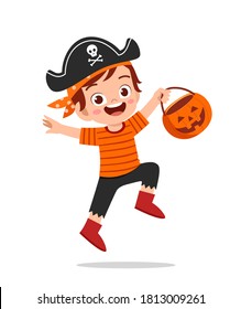 happy cute little kid boy and girl celebrate halloween wears pirate costume