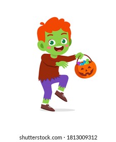 happy cute little kid boy and girl celebrate halloween wears frankenstein monster costume