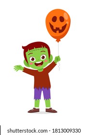 happy cute little kid boy and girl celebrate halloween wears frankenstein monster costume