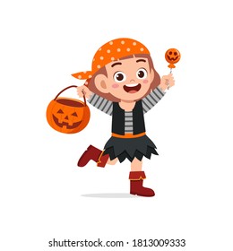 happy cute little kid boy and girl celebrate halloween wears pirate costume
