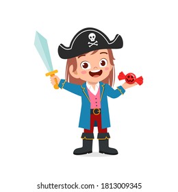 happy cute little kid boy and girl celebrate halloween wears pirate costume