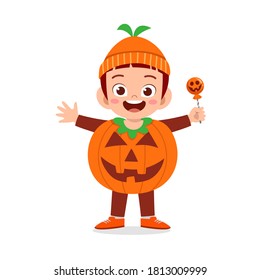 happy cute little kid boy and girl celebrate halloween wears pumpkin monster costume