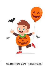 happy cute little kid boy and girl celebrate halloween wears pumpkin monster costume