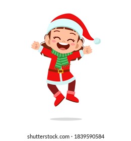 happy cute little kid boy and girl wearing red christmas costume and jump