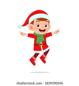 happy cute little kid boy and girl wearing red christmas costume and jump