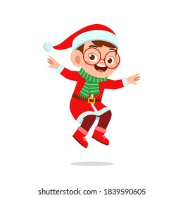 happy cute little kid boy and girl wearing red christmas costume and jump
