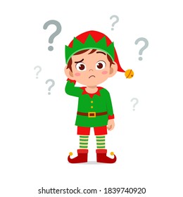 happy cute little kid boy and girl wearing green elf christmas costume and thinking